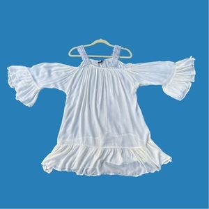 SR Fashion Cold shoulder pale yellow dress w/white straps & flowy sleeves.